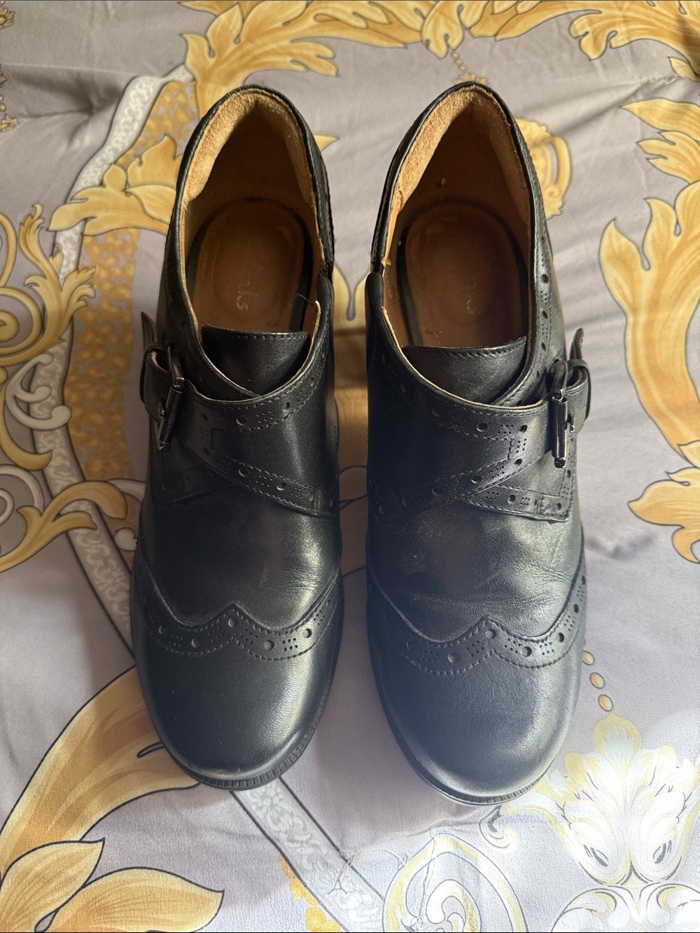 Clarks Black Wingtip Strap Ankle Boots